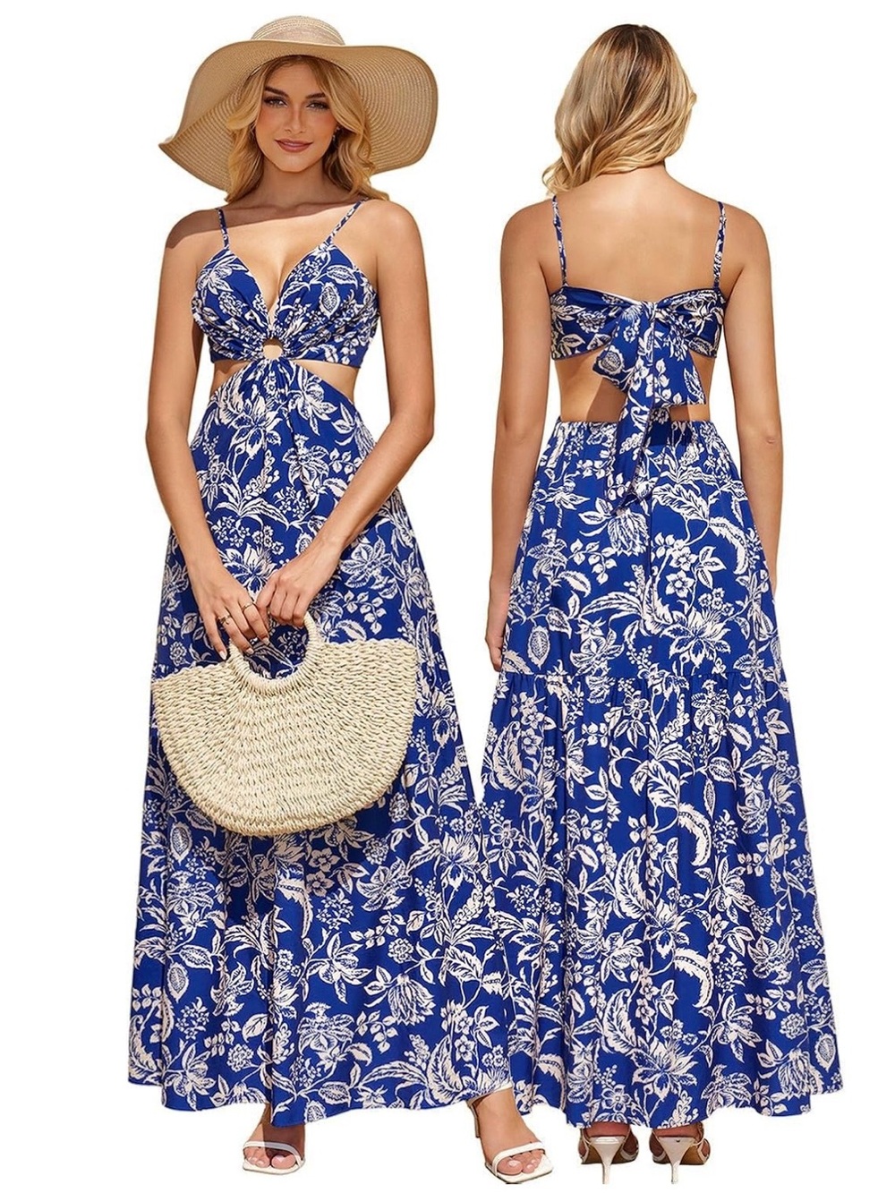 Blue & White Floral Cutout Tie-Back Maxi Dress | Size Small | NWT